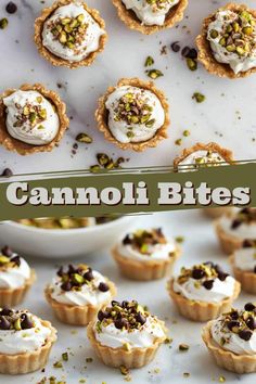 small desserts with white frosting and pistachio sprinkles on top