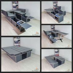 four different views of an office desk with multiple compartments and drawers on the bottom shelf