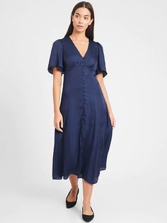 Satin Flutter-Sleeve Midi Dress | Banana Republic Military Style Dress, Lace Wedding Guest Dress, Button Down Midi Dress, Navy Blue Midi Dress, Long Midi, Navy Midi Dress, Stretchy Dress, Sleeve Midi Dress, Capped Sleeve Dress