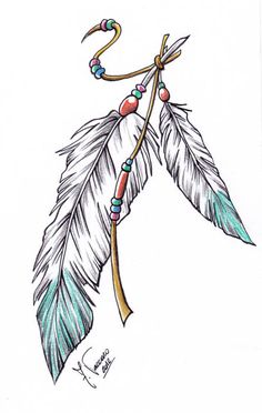 a drawing of a feather with beads on it's end and an arrow in the middle