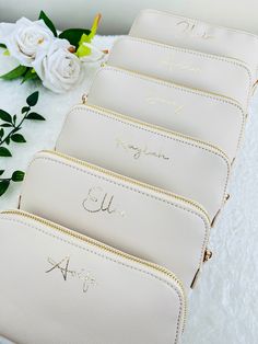 Beautiful monogram cosmetic bag / make up bag / wash bag Perfect gift for bridal party, Christmas, birthday! Initials/Name colour available in rose gold, sliver, black, white, or gold. Cosmetic Bag available in Taupe, Lavender, Coral, Rose Gold, White, Oyster, Pink, Grey, Black(Gold zip) and Black(Black zip) These faux leather bags are from a beautiful Saffiona fine grain fabric with a padded lining inside and finished with elegant gold detailing zip. Dimensions M - 18 x 11 x 4.5cm, L - 25 x 16 Elegant Beige Cosmetic Bag For Gift, Faux Leather Bags, Customizable Rectangular Cosmetic Bag, Gold Cosmetic, Personalized Pouch Cosmetic Bag For Daily Use, Cheap Personalized Rectangular Cosmetic Bag, Personalized Rectangular Cosmetic Bag Gift, Monogram Cosmetic Bag, Custom Makeup Bags