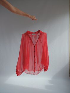 Moschino Red Sheer Silk Puff Sleeve Button Front shirt.  Stunning!  Size IT 38 F 34 UK 6 US 4  Very good vintage condition light wear to be expected of any second hand item. Penny Lane Coat, Womens Blouses, Moschino Cheap And Chic, Silk Knit, Button Front Shirt, Knitted Jumper, Chic Woman, Moschino, Womens Clothing Tops