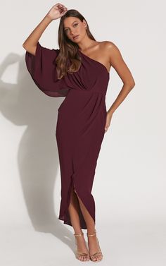 Belmira Midi Dress - One Shoulder Asymmetrical Short Sleeve Split Dress in Merlot | Showpo USA Winter Bridesmaids, Step Into Your Power, Merlot Color, One Shoulder Cocktail Dress, Midaxi Dress, Bridesmaids Dress, Split Dress, Midi Cocktail Dress, Midi Length Dress