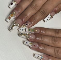 White French Tip With Gold Gems, Edgy Nails Acrylic, Nails Long White, Nail Inspiration Blue, Dripping Nails, Long Blue Nails, Vivienne Westwood Nails, Westwood Nails, Futuristic Nails