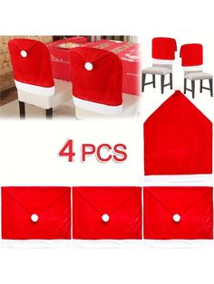 four pieces of red velvet chair covers with white trim and buttons on the front, 4 pcs