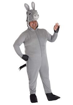 a man in a donkey costume is standing with his hand up to the side and smiling