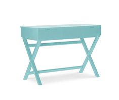 a small blue desk with two legs and a drawer on the top, against a white background