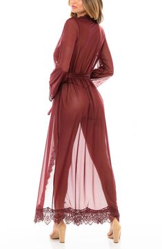 Wrap up your alluring look in this long and flowy mesh robe sealed with a satin ribbon at the waist and made complete with a matching G-string thong. Includes robe and thong Long sleeves Removable waist tie Unlined 90% nylon, 10% spandex Hand wash, line dry Imported Women's Clothing Sheer Robe, Burgundy Fashion, Sleepwear Fashion, Curve Dresses, Womens Loungewear, Lingerie Sleepwear, Rompers Women, Long Sleeve Lace, Satin Ribbon