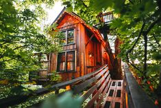 a tree house in the woods surrounded by trees