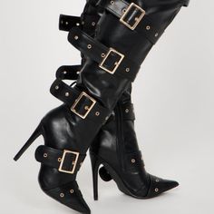 Black Over The Knee Heeled Boots Buckle Hardware Detail Pointed Toe Ultra High Heel Fall Heeled Boots With Buckle For Night Out, Night Out Faux Leather Heeled Boots With Buckle Closure, Knee-high Boots With Buckle Closure For Night Out, Faux Leather Boots With Buckle For Night Out, Knee-high Party Boots With Buckle Closure, Party Knee-high Boots With Buckle Closure, Edgy Ankle Strap Boots For Night Out, Party Boots With Buckle Closure And Closed Toe, Edgy Knee-high Heels For Formal Occasions