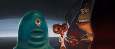 two cartoon characters are hanging from strings in front of an alien like creature with large eyes