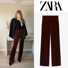 Brown Velvet Pants As Sweet As Chocolate These Trousers Are Just A Dream Unbelievably Soft And Stretchy And Super Comfortable High Waisted With Elastic Waist Bands False Front Pockets Flare Legs With Slits Zara Wide Leg Bottoms For Fall, Zara High Waist Wide Leg Pants For Fall, Zara Wide Leg Pants For Fall, Zara High Waist Pants For Fall, Zara Wide Leg Pants For Fall Party, Zara Full Length Bottoms For Winter, Zara Winter Pants, Zara Non-stretch Pants For Fall, Zara Long Pants For Winter