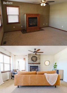 before and after photos of a living room with fireplace, ceiling fan, and couch