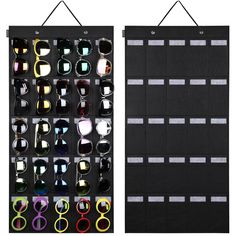 two black racks with sunglasses hanging from the top and one displaying them in different colors