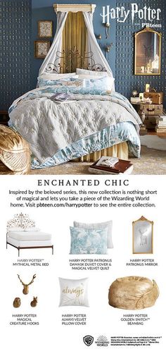 an advertisement for harry potter's bed and bedroom furniture set, with the caption enchanted chic