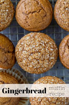 several muffins on a cooling rack with the words gingerbread in front