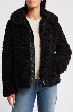 Bundle up for a night out without compromising on glamour in this curly-textured faux-fur jacket framed by a sumptuously oversized collar. 24" length (size Medium) Front zip closure Spread collar Lined 100% polyester faux fur Dry clean Imported Black Fluffy Faux Fur Outerwear, Black Faux Fur Coat For Fall, Faux Fur Coat For Night Out In Fall, Trendy Black Fur Coat With Faux Fur Lining, Faux Fur Coat For Night Out, Trendy Faux Fur Lined Outerwear, Chic Faux Fur Outerwear For Night Out, Chic Outerwear With Faux Fur Lining For Night Out, Trendy Outerwear With Faux Fur Lining