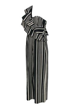 Step out in stripes all summer long with this adorable jumpsuit from Alice & Olivia! Created in a trendy wide leg silhouette with a bold striped design and whimsical ruffled trim, this one-shouldered beauty is a must-have for all your warm weather excursions! Whether you're off to a backyard soiree or strolling on the boardwalk, pair this with woven wedges and your favorite sunnies and you'll be styling and profiling throughout the season! Size 10 Shell: 96% Cotton, 4% Spandex Lining: 94% Polyes Chic One-shoulder Jumpsuits And Rompers For Vacation, Chic Striped Summer Jumpsuits And Rompers, Chic Striped Jumpsuits And Rompers For Summer, Chic Striped Jumpsuits And Rompers For Beach, Backyard Soiree, French Girl Chic, Stacey Bendet, Olivia Black, Buy Shoes Online