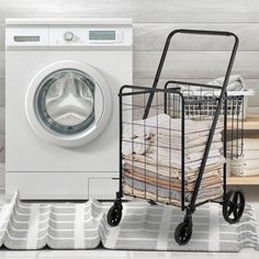 a laundry basket next to a washing machine