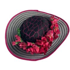 Vintage Whittall & Shon Cartwheel Style Floral Hat.  See thru hat with floral arrangement around 3/4 of hat Condition: Pre-Owned Butterfly Tea, Blue Dress Women, Floral Hat, Vintage Headbands, Silk Roses, Vintage Butterfly, Whittling, Derby Hats, Dress Hats