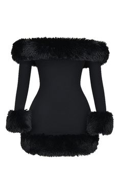 Fur Dress, House Of Cb, Stretch Crepe, Bodycon Mini Dress, Fur Trim, Black Long Sleeve, Mini Black Dress, Pretty Outfits, Fashion Inspo Outfits