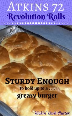 a close up of bread in a pan on a table with text overlaying it