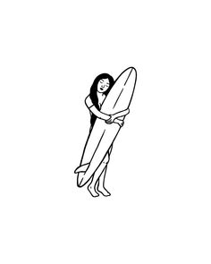 a drawing of a woman holding a surfboard in her arms and looking up at the sky