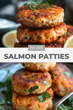 salmon patties stacked on top of each other with lemon wedges and parsley