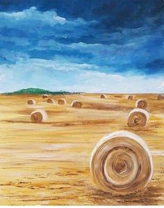 a painting of hay bales in an open field