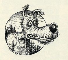 a black and white drawing of a dog's head with trees in the background