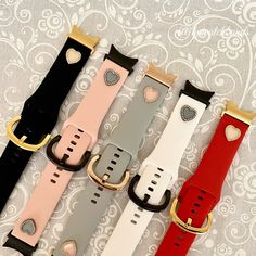 Samsung Galaxy 4 Heart Charms Silicone Watchband With Buckle Silver-Gold-Black-Rose Gold 40-42-44-46MM No Gap Adapters #black #gold #pinksiliconeband #whitesiliconeband #blacksiliconeband #blackheartcharm Galaxy Watch Charms, Galaxy Heart, Matching Watches, Metal Background, Rhinestone Watches, Silicone Watch Band, Red Band, Watch Case, Gold Heart