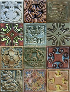 several different types of tile with decorative designs on them, all in various colors and shapes