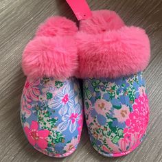 Beautiful Bright And Cozy Slippers! They Were Bought At A Sale And Are Two Different Sizes. Might Be Tough For Some, But If Lounging Around The House And One Size Is Bigger Than The Other It’s Okay! Never Worn, Perfect Condition Other Than Being Two Different Sizes. Wearers Left Is Size 7/8, Wearers Right Is 5/6. Comfortable Pink Slippers For Spring, Casual Pink Slippers For Spring, Playful Round Toe Slippers For Spring, Playful Slip-on Slippers For Spring, Playful Spring Slip-on Slippers, Comfortable Multicolor Slippers For Spring, Cozy Slippers, Slippers Cozy, Lilly Pulitzer