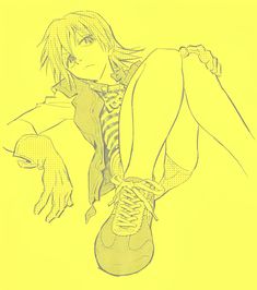 a drawing of a man with his legs crossed and shoes tied to his ankles, in front of a yellow background