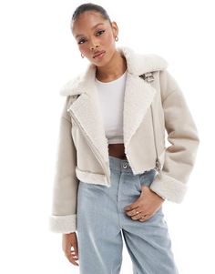 Coats & Jackets by Stradivarius Mid-season layering Notch collar Side pockets Borg trims and lining Cropped length Regular fit Faux Shearling Jacket, Womens Biker Jacket, Leopard Print Baby, Shorts Co Ord, Aviator Jackets, Maxi Dress Trend, Shearling Jacket, Petite Maternity, Adidas Samba