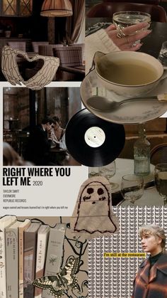 a collage of photos with various items and words on them, including an old record player