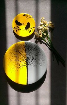 two yellow plates with birds painted on them