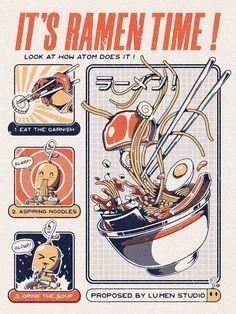 an advertisement for ramen time with instructions on how to cook it and what to eat