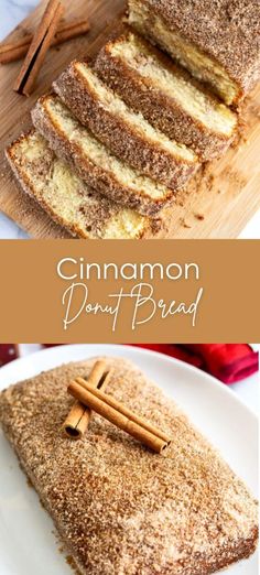 cinnamon donut bread on a plate with cinnamon sticks