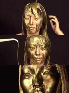 three images of gold facial masks with hair and makeup brushes in front of them, one woman's face is partially obscured by the mask