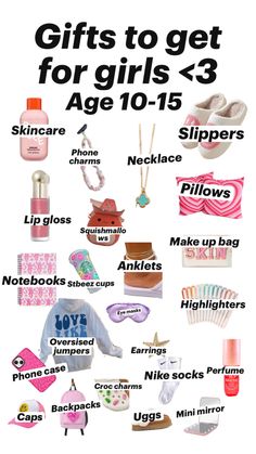 an advertisement for girls's clothing and accessories with the words, gifts to get for girls