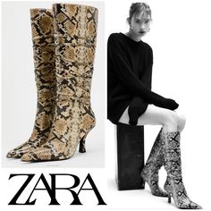 Zara Heeled Animal Print Boots Animal Print Knee High Boots. High Heels. Pointed Toe. Heel Height: 3.1 Inches (8 Cm) Multi-Color Upper 100% Polyurethane Lining 90% Polyester 10% Polyurethane Sole 100% Polyurethane Thermoplastic Insole 100% Polyester New With Favorite Color Black, Animal Print Boots, Boots High Heels, Print Boots, Zara Heels, Boots High, Zara Shoes, Zara Black, Fall Outfit