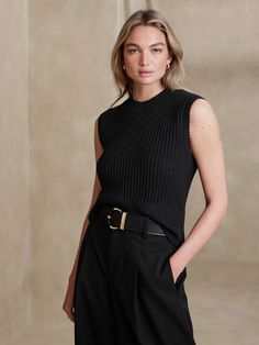 Textured Sweater Tank | Banana Republic Factory Stretch Crew Neck Sweater Vest For Work, Sleeveless Tops With Ribbed Neckline For Workwear, Trendy Sleeveless Sweater For Work, Chic Sleeveless Sweater, Sleeveless Black Sweater For Work, Classic Sleeveless Sweater, Chic Ribbed Crew Neck Sweater Vest, Chic Sleeveless Ribbed Sweater, Chic Knit Crew Neck Tank Top