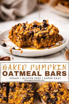 baked pumpkin oatmeal bars on a white plate