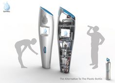 an electric toothbrush next to a plastic bottle with water in it and a man looking at it