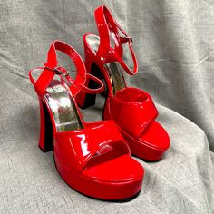 Nwot Show Stopper In 5” Heel Platform Sandal, Adjustable Ankle Strap, 100% Polyurethane, Gorgeous Red! Red Platform Sandals For Evening, Red Open Heel Sandals For Party, Red Synthetic Heels With 4-inch Heel, Red Round Toe Sandals For Night Out, Red Sandals With Heel Strap For Night Out, Red Synthetic Sandals For Party, Red Closed Toe Heels With Synthetic Material, Red Open Toe Heels With 4-inch Heel, Red Closed Toe Platform Sandals