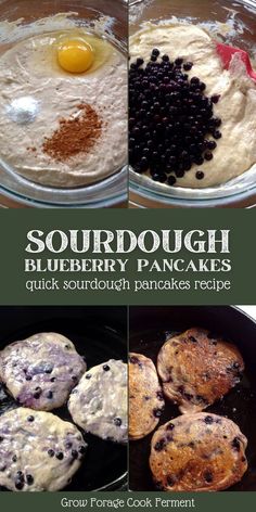 four pictures showing how to make sourdough blueberry pancakes