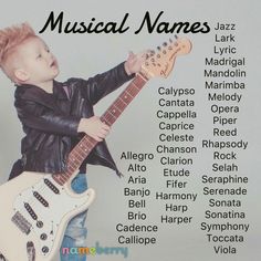 a young boy is holding his guitar and posing for a poster with the names of musical names