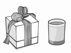 an illustration of a candle and a gift box with a ribbon on the top, sitting next to it