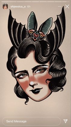 an image of a woman's face with wings on her head and the words, send message